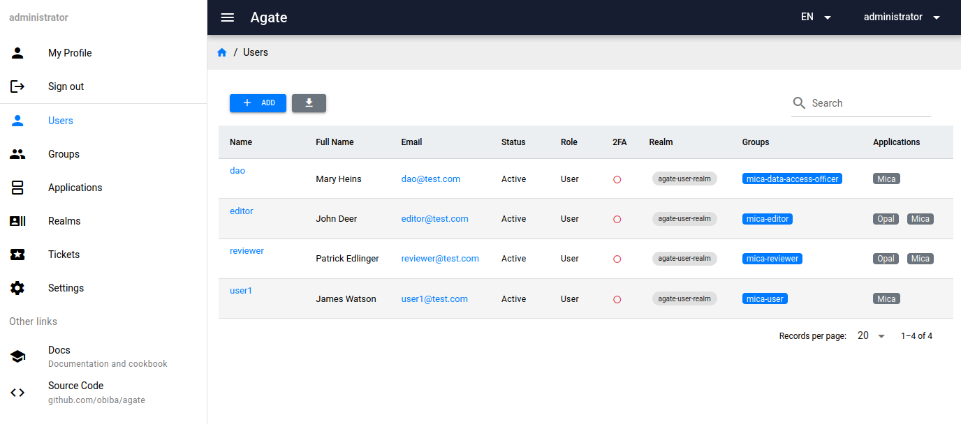 From Agate, an administrator manages users, groups and applications
