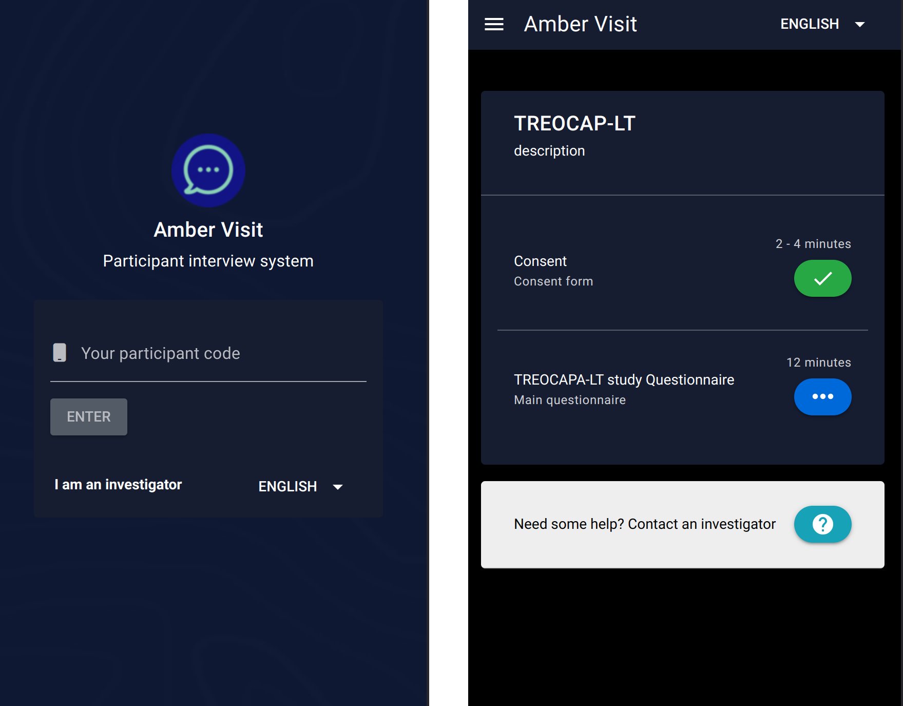 Amber Visit: login and home pages
