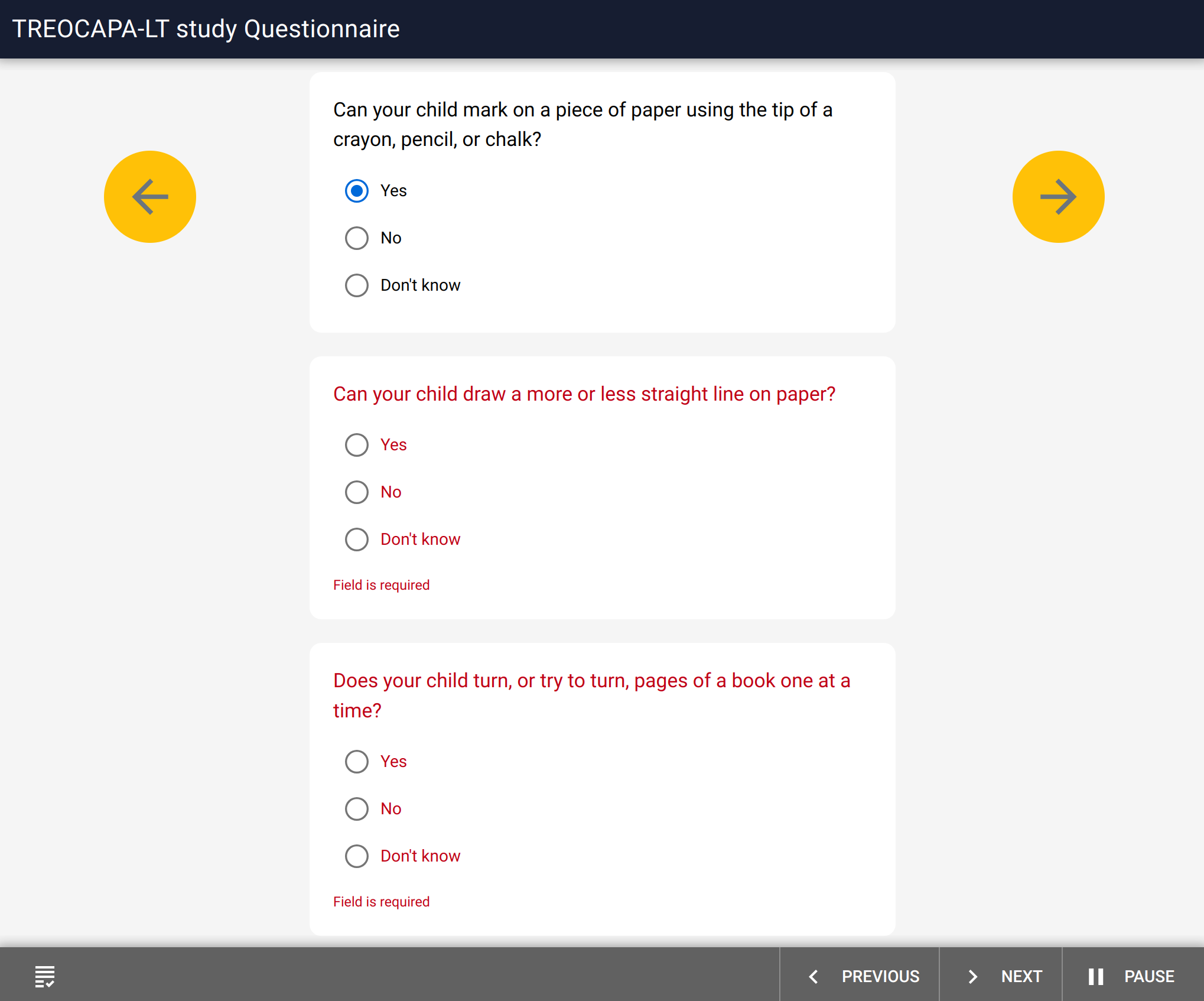 Amber Visit: questionnaire page